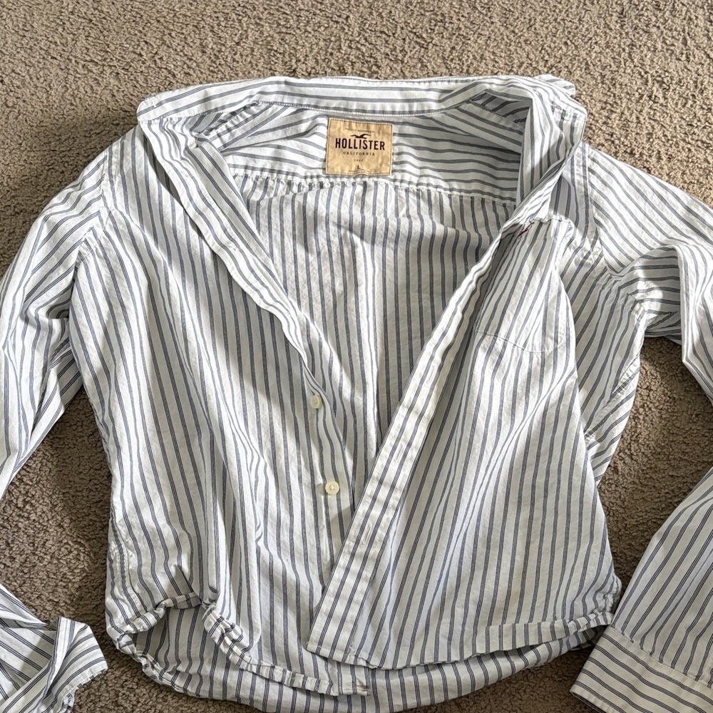 Hollister Women's Button-Down Shirt - Navy and White Stripes